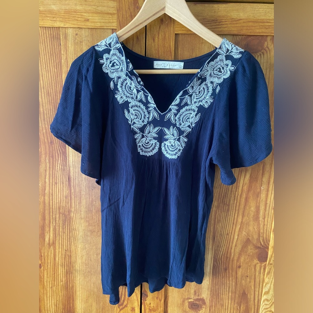 Have Midnight Blue Top with Ivory Floral Design